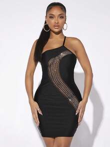 SHEIN SXY One Shoulder Rhinestone Detail Bodycon Dress - Black - View 6