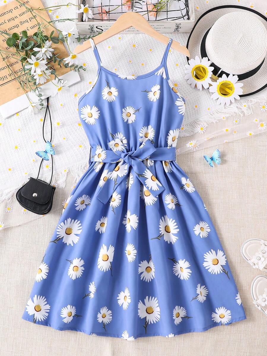 SHEIN Tween Girl Floral Print Belted Cami Dress - Blue - View 1