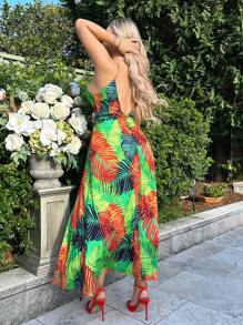 SHEIN SXY Tropical Print Split Thigh Cami Dress