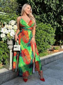 SHEIN SXY Tropical Print Split Thigh Cami Dress
