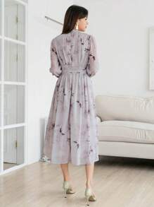 DAZY Floral Print Lantern Sleeve Ruched Dress Sundress Boho - Mauve Purple - View 2