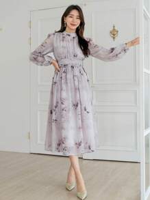 DAZY Floral Print Lantern Sleeve Ruched Dress Sundress Boho - Mauve Purple - View 4
