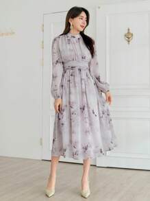 DAZY Floral Print Lantern Sleeve Ruched Dress Sundress Boho - Mauve Purple - View 6