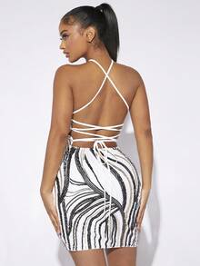 SHEIN SXY 亮片拼接後背繫帶吊脖緊身連衣裙 - 彩色 - 查看 2