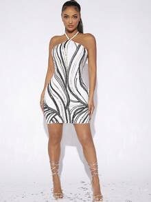 SHEIN SXY 亮片拼接後背繫帶吊脖緊身連衣裙 - 彩色 - 查看 5