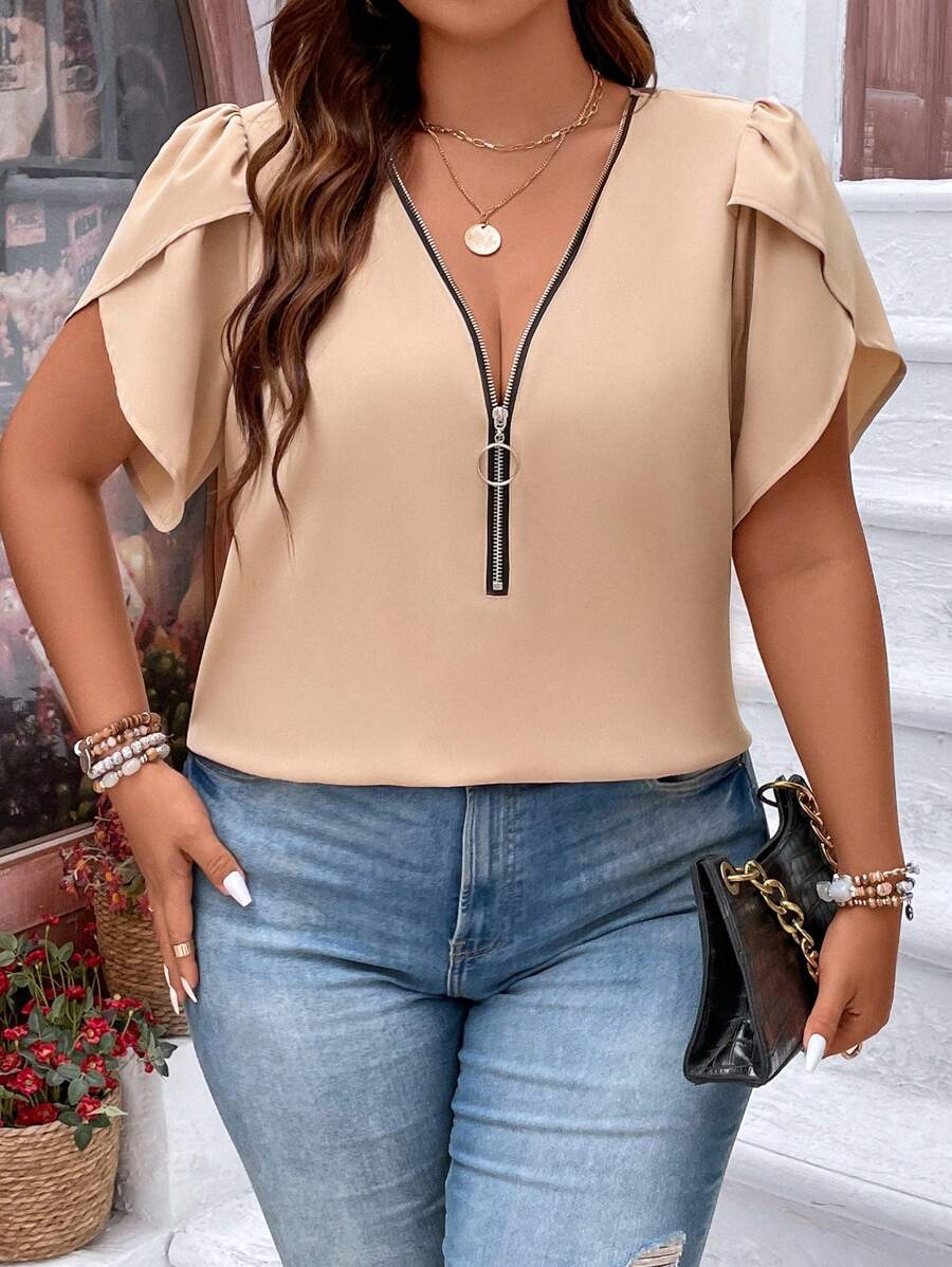 SHEIN LUNE Plus Half Zip Petal Sleeve Blouse - Apricot - View 1