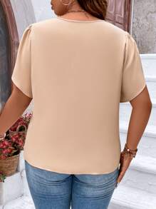 SHEIN LUNE Plus Half Zip Petal Sleeve Blouse - Apricot - View 2