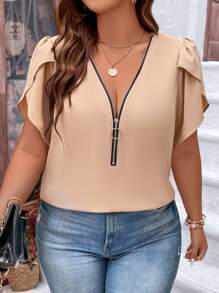 SHEIN LUNE Plus Half Zip Petal Sleeve Blouse - Apricot - View 4