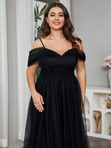 加大露肩网眼覆盖长款伴娘礼服优雅连衣裙 - 黑色 - 查看 8