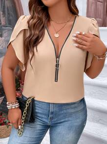 SHEIN LUNE Plus Half Zip Petal Sleeve Blouse - Apricot - View 6