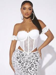 SHEIN SXY Off Shoulder Lá sen tỉa Mảnh Lace Áo Bustier Crop - trắng - Xem 1