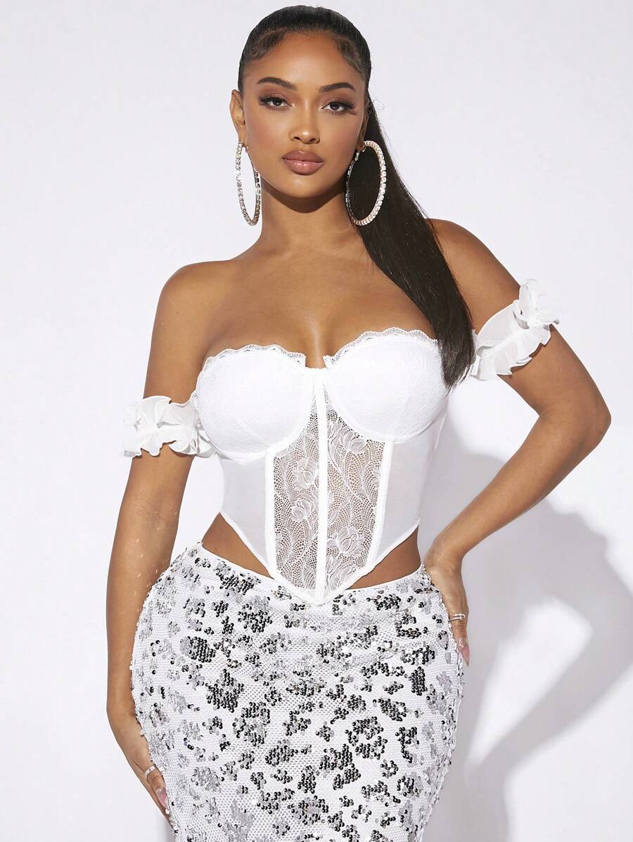 SHEIN SXY Off Shoulder Lá sen tỉa Mảnh Lace Áo Bustier Crop - trắng - Xem 1