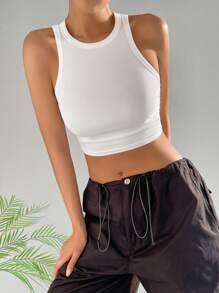 SHEIN PETITE 素色短款背心 - 白色 - 查看 4