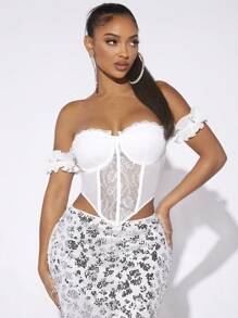 SHEIN SXY Off Shoulder Lá sen tỉa Mảnh Lace Áo Bustier Crop - trắng - Xem 5