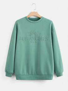 SHEIN EZwear Letter Embroidery Drop Shoulder Thermal Sweatshirt - Mint Green - View 1