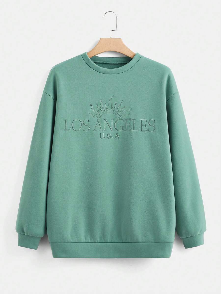SHEIN EZwear Letter Embroidery Drop Shoulder Thermal Sweatshirt - Mint Green - View 1