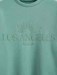 SHEIN EZwear Letter Embroidery Drop Shoulder Thermal Sweatshirt - Mint Green - View 4