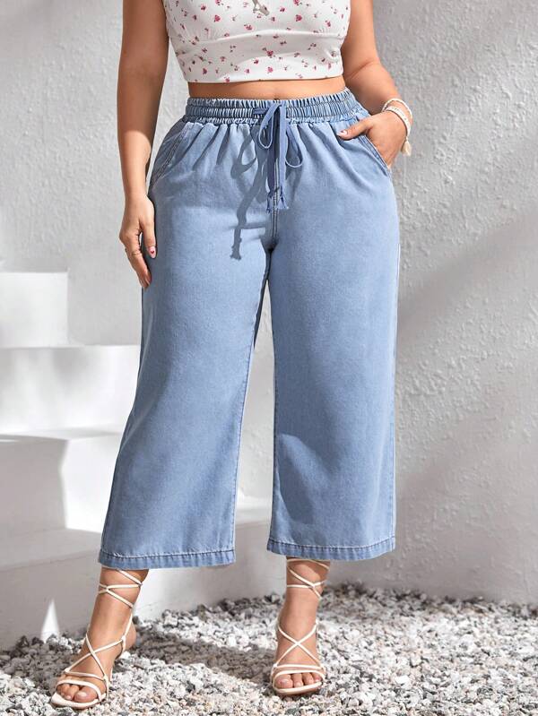 SHEIN Frenchy Plus Drawstring Waist Wide Leg Jeans