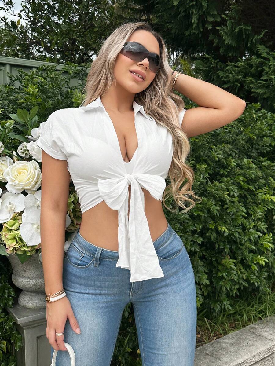 SHEIN SXY Solid Knot Front Crop Top - White - View 1