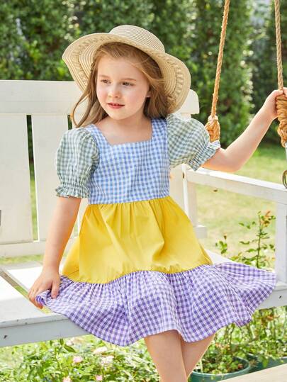 SHEIN 小女童格子圖案撞色泡泡袖荷葉邊洋裝