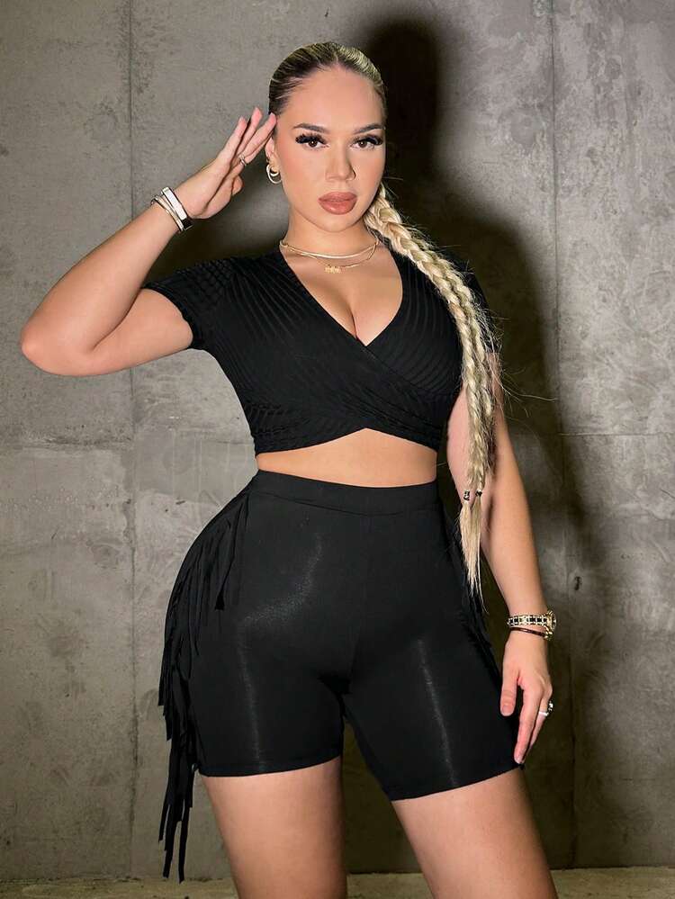 SHEIN SXY Fringe Trim Biker Shorts - Black - View 5