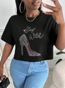 Slaydiva Áo thun nữ Pha lê kim cương Slogan Giải trí - màu đen - Xem 1