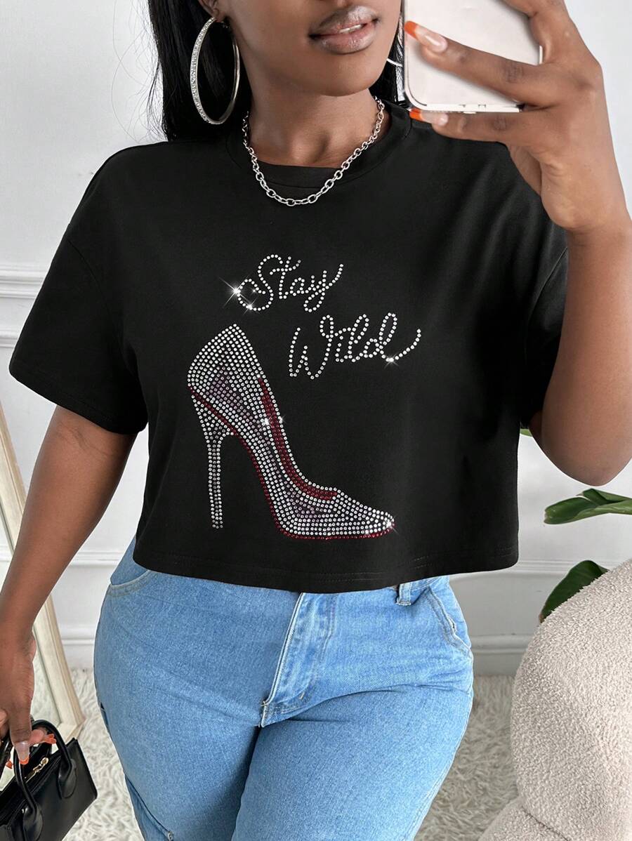 Slaydiva Áo thun nữ Pha lê kim cương Slogan Giải trí - màu đen - Xem 1