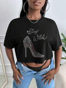 Slaydiva Áo thun nữ Pha lê kim cương Slogan Giải trí - màu đen - Xem 4