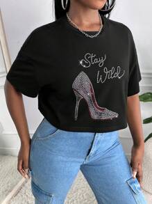 Slaydiva Áo thun nữ Pha lê kim cương Slogan Giải trí - màu đen - Xem 5