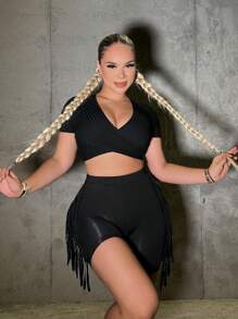 SHEIN SXY Fringe Trim Biker Shorts - Black - View 7