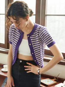 Knit Mix Button Front Cardigan - Purple - View 3