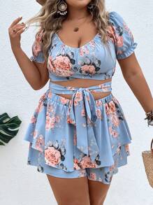 Flirla Bộ thời trang Plus Size phân lớp Thắt nơ trước Hoa Boho - Màu xanh nhạt - Xem 1