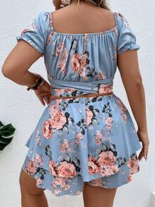 Flirla Bộ thời trang Plus Size phân lớp Thắt nơ trước Hoa Boho - Màu xanh nhạt - Xem 2