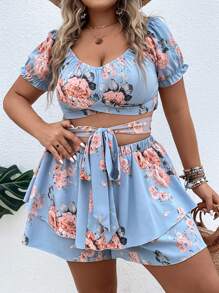 Flirla Bộ thời trang Plus Size phân lớp Thắt nơ trước Hoa Boho - Màu xanh nhạt - Xem 3