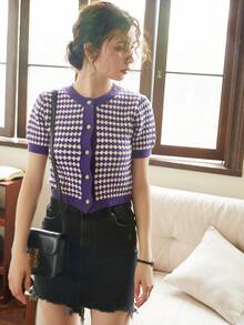 Knit Mix Button Front Cardigan - Purple - View 7