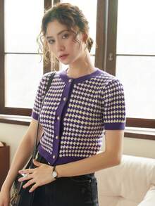 Knit Mix Button Front Cardigan - Purple - View 8