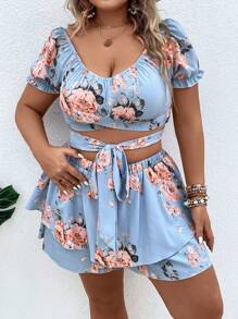 Flirla Bộ thời trang Plus Size phân lớp Thắt nơ trước Hoa Boho - Màu xanh nhạt - Xem 7