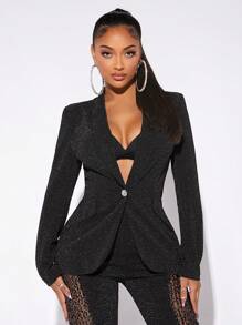 SHEIN SXY 青果領單釦金屬亮絲西裝外套不附文胸 - 黑色 - 查看 1