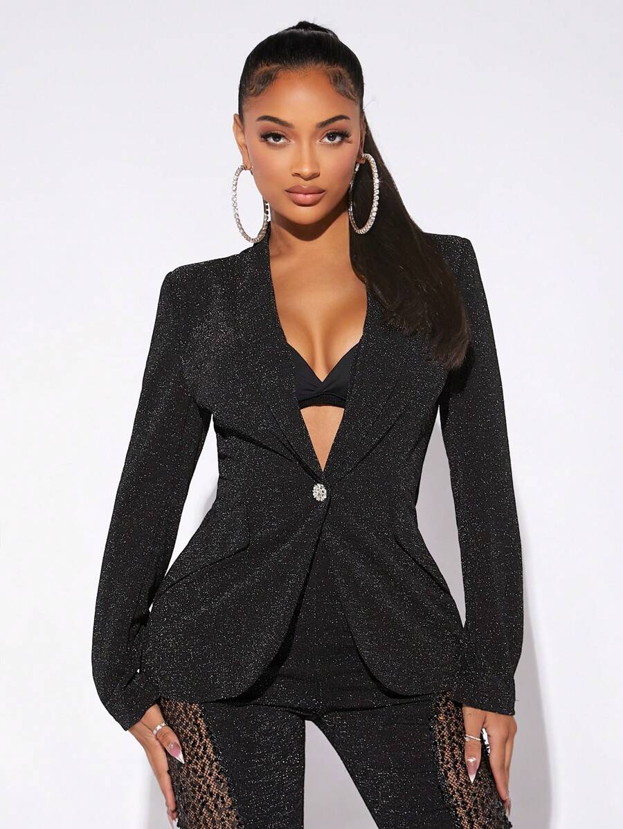 SHEIN SXY 青果領單釦金屬亮絲西裝外套不附文胸 - 黑色 - 查看 1