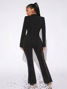 SHEIN SXY 青果領單釦金屬亮絲西裝外套不附文胸 - 黑色 - 查看 2