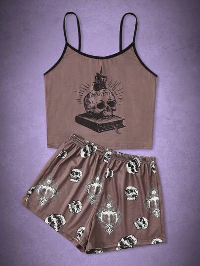 Mountain Vintage Press Skull Print Contrast Binding PJ Set