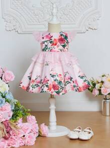 SHEIN Bebé Vestido con estampado floral ribete con fruncido - Multicolor - Ver 1