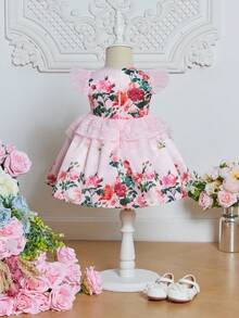 SHEIN Bebé Vestido con estampado floral ribete con fruncido - Multicolor - Ver 2