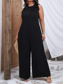 SHEIN LUNE Mono halter unicolor de pierna ancha - Negro - Ver 3