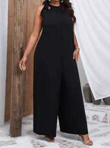 SHEIN LUNE Mono halter unicolor de pierna ancha - Negro - Ver 4