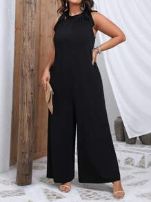 SHEIN LUNE Mono halter unicolor de pierna ancha - Negro - Ver 5