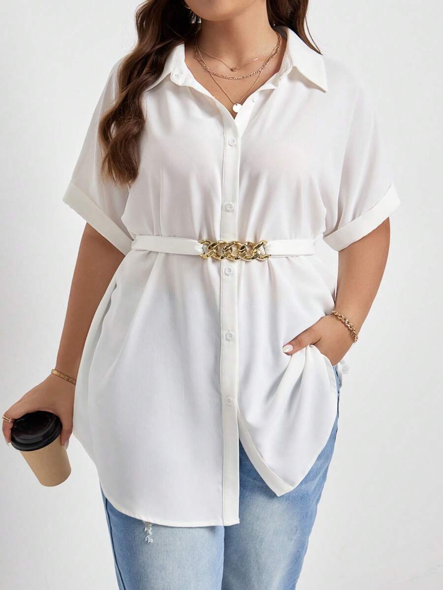SHEIN Frenchy Plus Chain Detail Batwing Sleeve Shirt - White - View 1