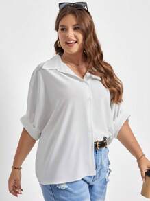 SHEIN Frenchy Plus Solid Batwing Sleeve Shirt - White - View 3