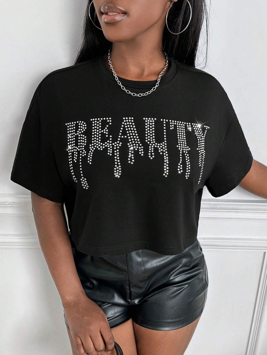 Slaydiva Áo thun nữ Pha lê kim cương Lá thư Giải trí - màu đen - Xem 1