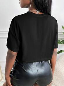 Slaydiva Áo thun nữ Pha lê kim cương Lá thư Giải trí - màu đen - Xem 2